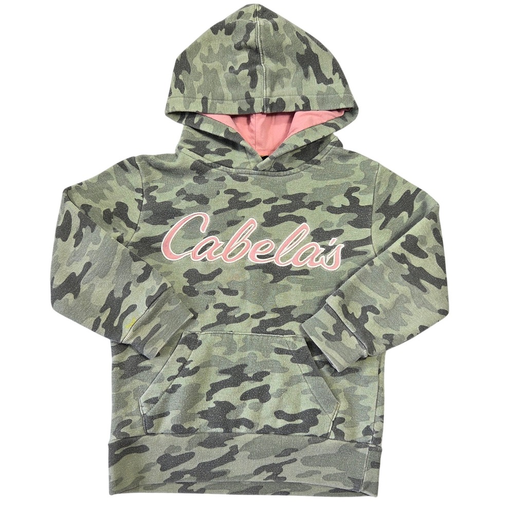 Cabelas‎ Kids XS Camo Hoodie Pink Logo Green Camouflage Pullover Sweatshirt
